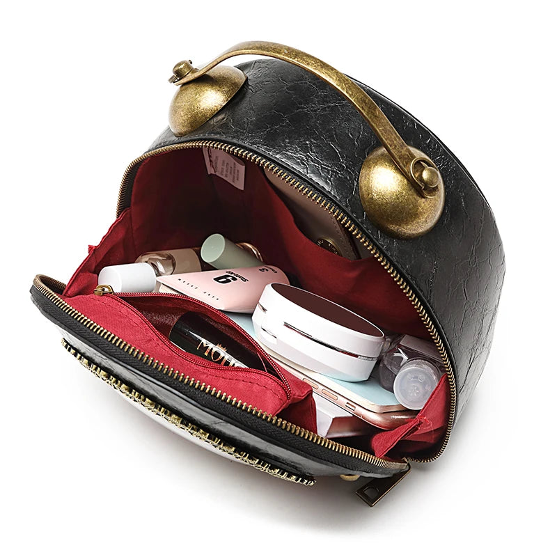 Retro Handbag Quirky Small Round Bag with Creative Clock