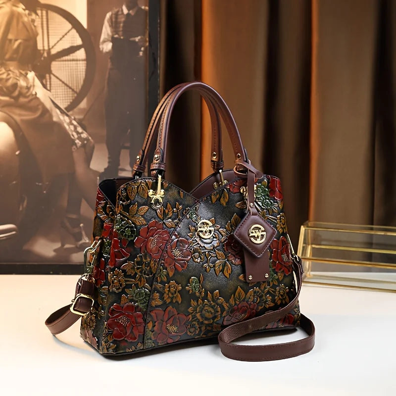 Vintage Flower Pattern Handbag Luxury PU Leather Tote Bag Fashion Crossbody Bag