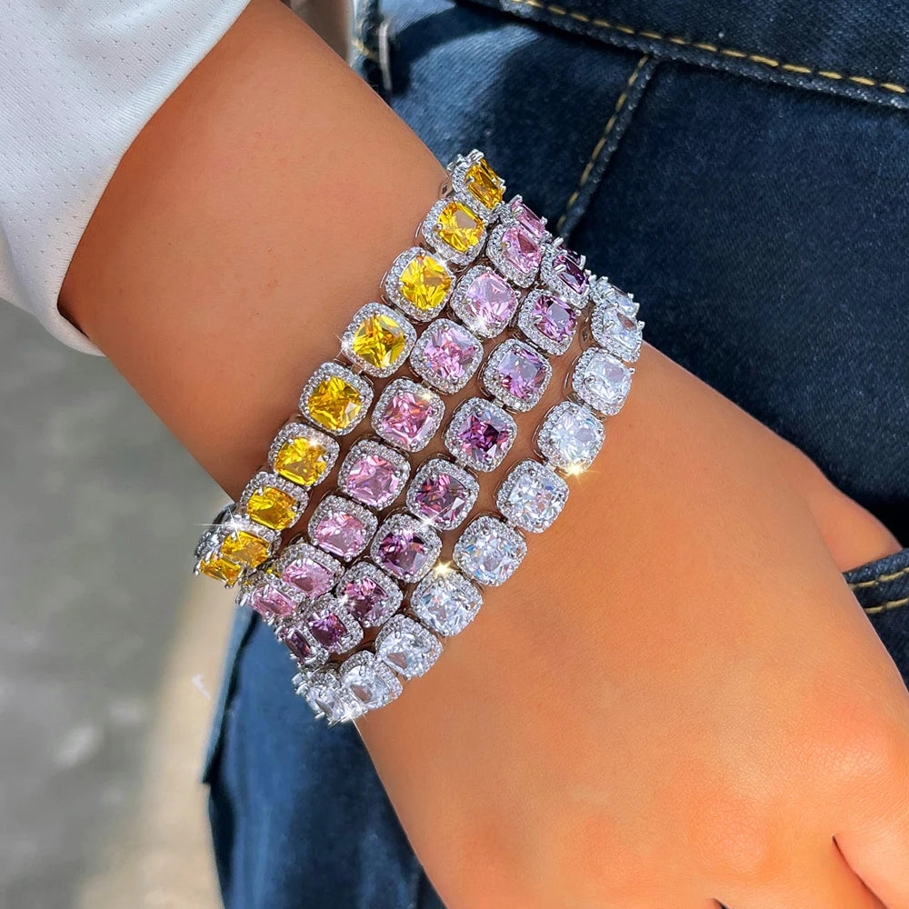 Luxury Brilliant Purple Pink Yellow Zirconia Square CZ Tennis Bracelet Jewelry for Women