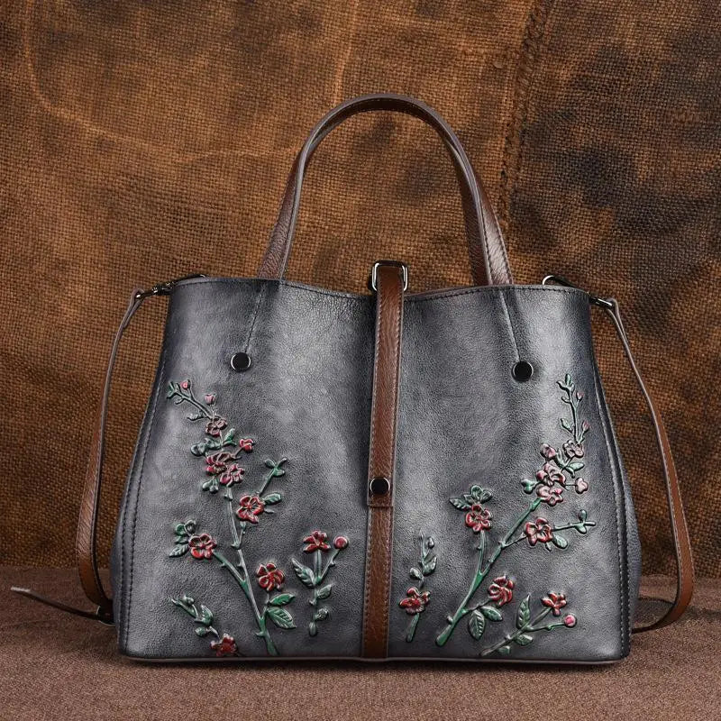 Genuine Leather Retro Embossed Women Crossbody Handbag