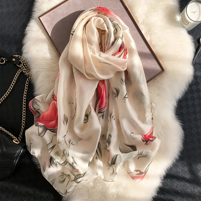 180*90cm Large Silk Satin Scarf Hijab Women Print Shawl