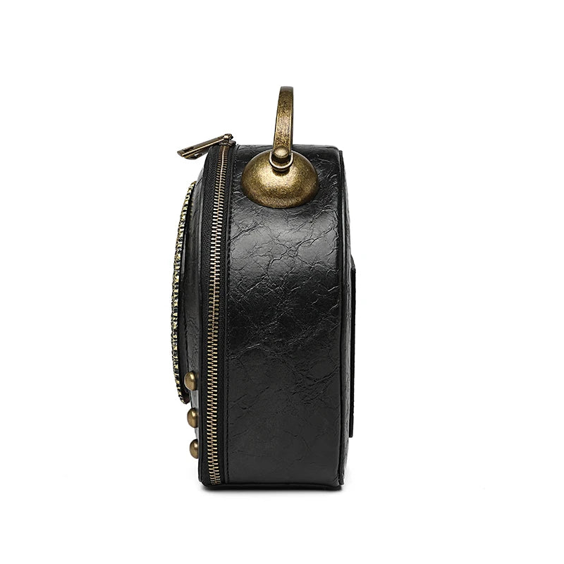 Retro Handbag Quirky Small Round Bag with Creative Clock