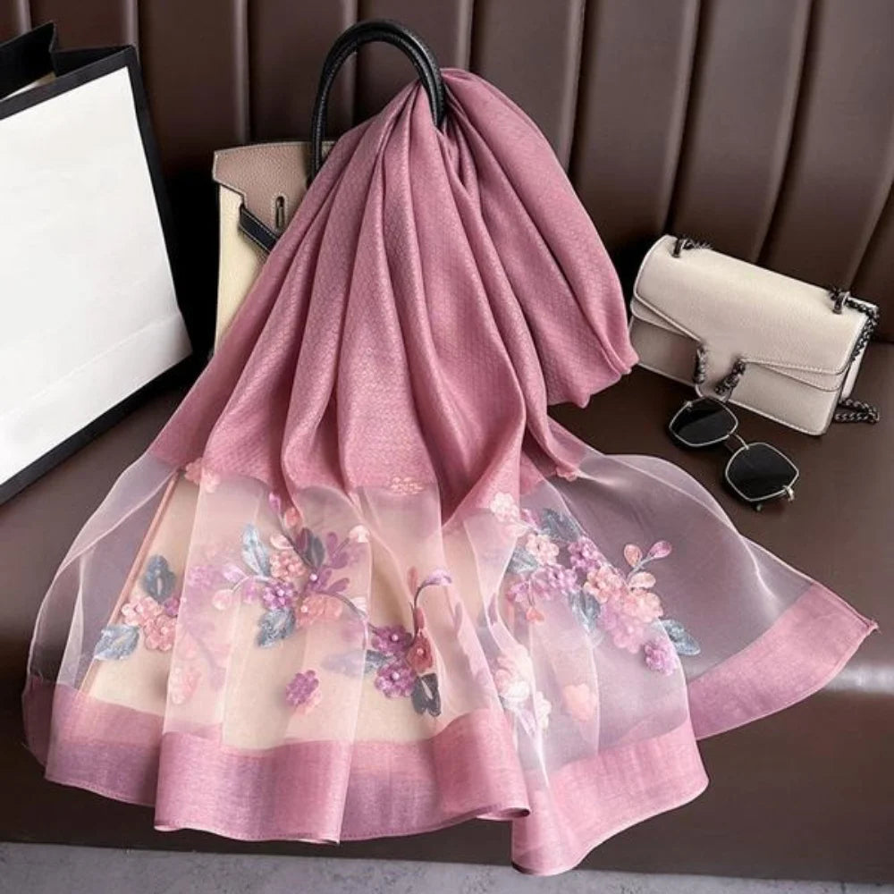 Elegant floral embroidered silk scarf for women stylish sunscreen beach shaw