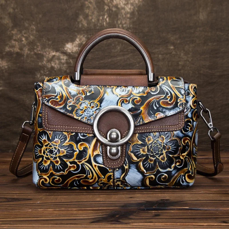 Floral Genuine Leather Tote Bag Vintage Shoulder Handbag