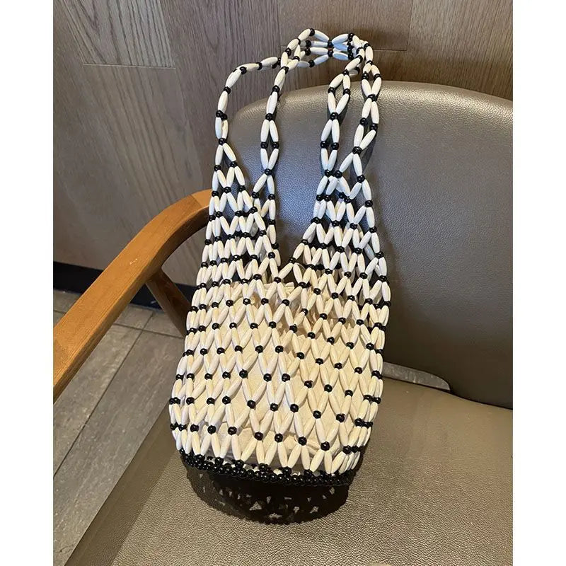 Handmade Beaded Shoulder Bag Hollow-out Wooden Bead Tote Woven Bag Bucket Bag
