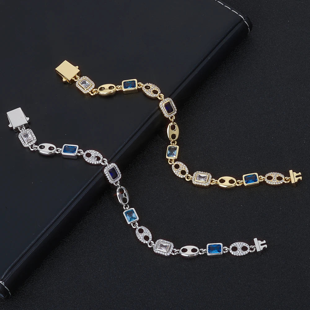 8MM Gemstone Iced Out Bracelet Blue Cubic Zirconia Link Bracelet Fashion Jewelry