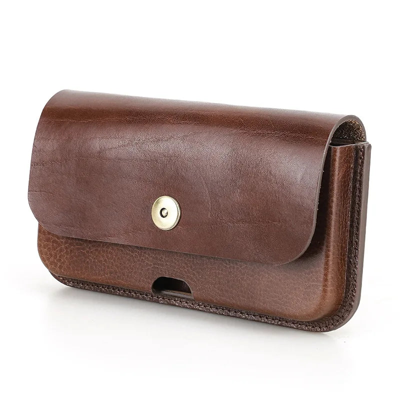 Cow Leather Belt Phone Pouch Magnetic Buckle Design