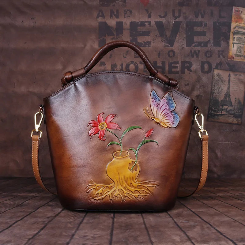 Leather Embossed Hand Brushed Oblique Bucket Bag