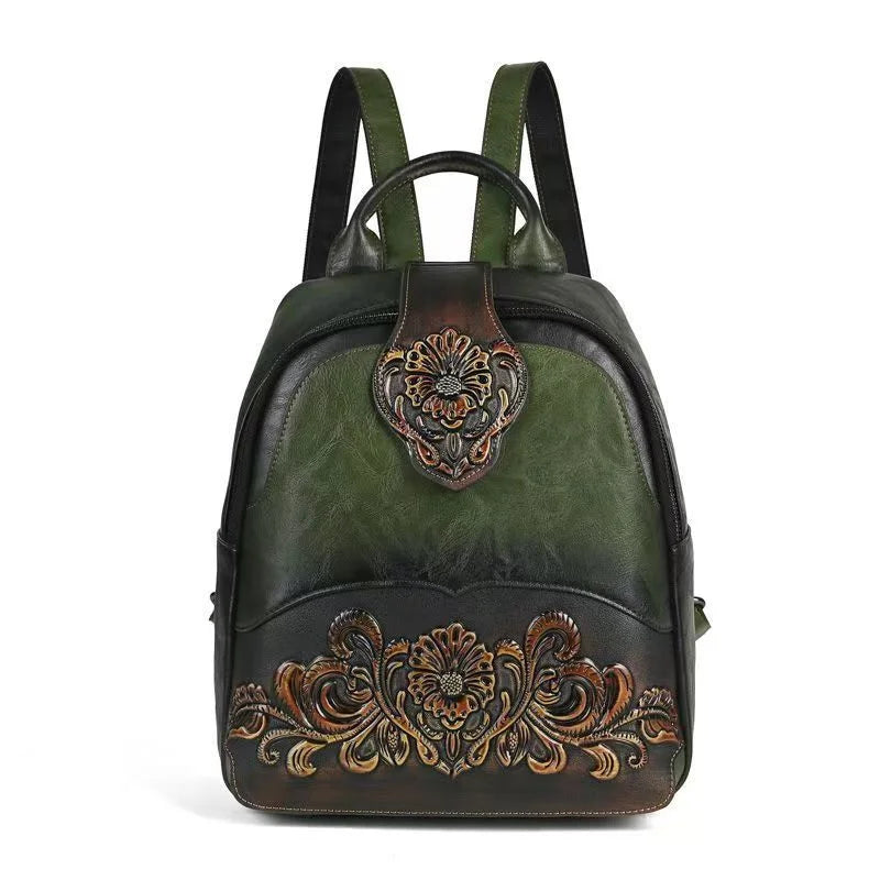 Vintage Ladies Leather Backpack Floral Double Shoulder Bag