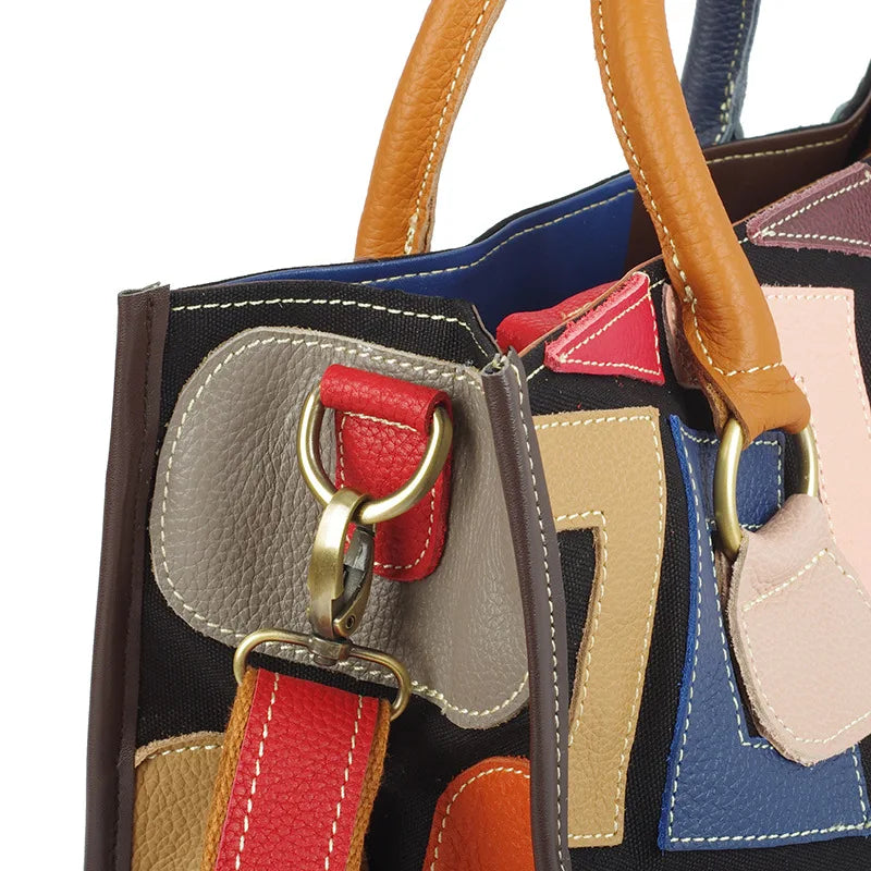 Genuine leather women's bag beautiful style color contrasting design large capacity tote bag