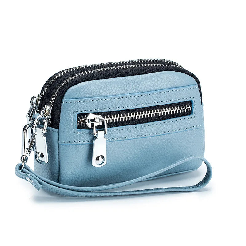 Genuine Leather Women Mini Wallet Double Zipper Coin Purse