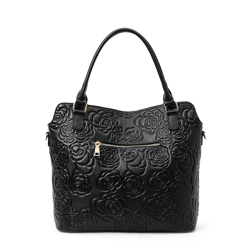 Rose Embossed Leather Tote Bag Gold Zippers and Buckles