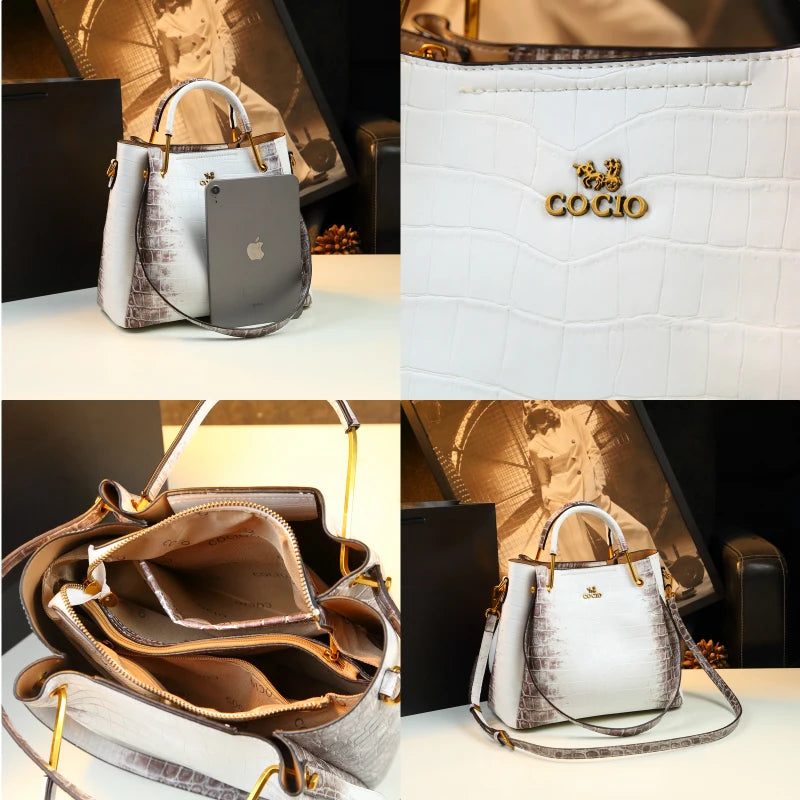 White Crocodile Pattern Leather Handbag Bucket Bag