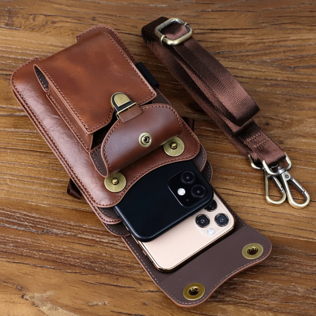 Men's Cowhide Leather Shoulder Crossbody Phone Bag