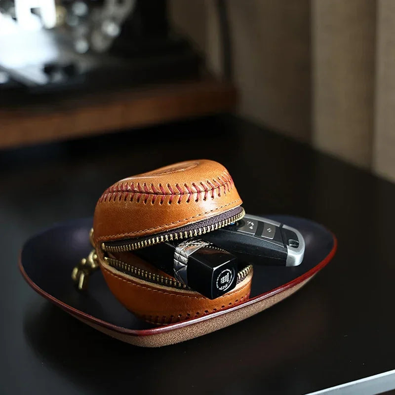 Handmade Leather Baseball Key Holder Bag Earphone Case Coin Purse