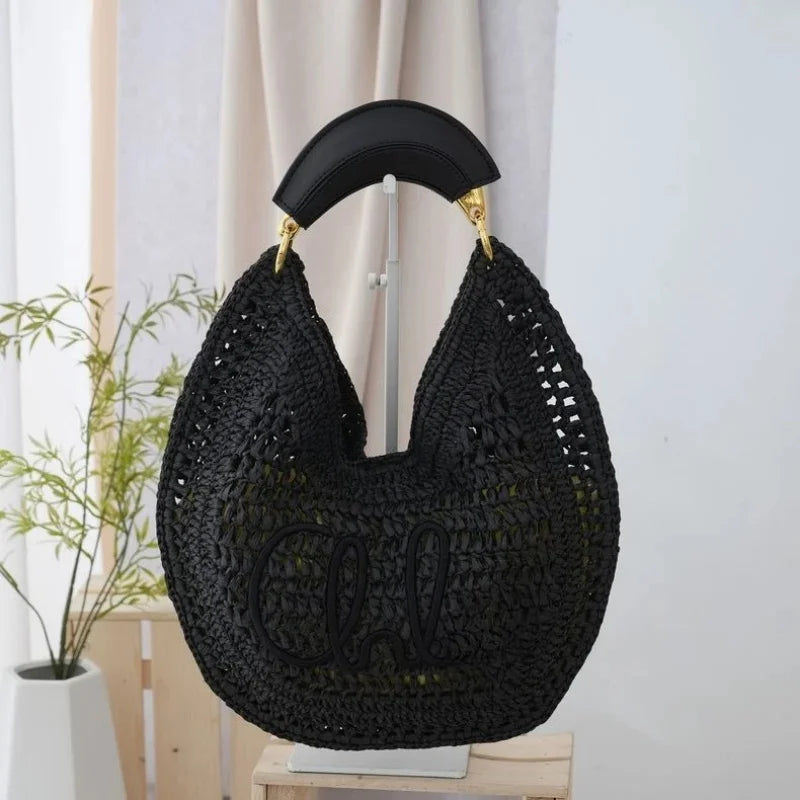 Straw Woven Crescent Hollow Design Large Capacity Bag