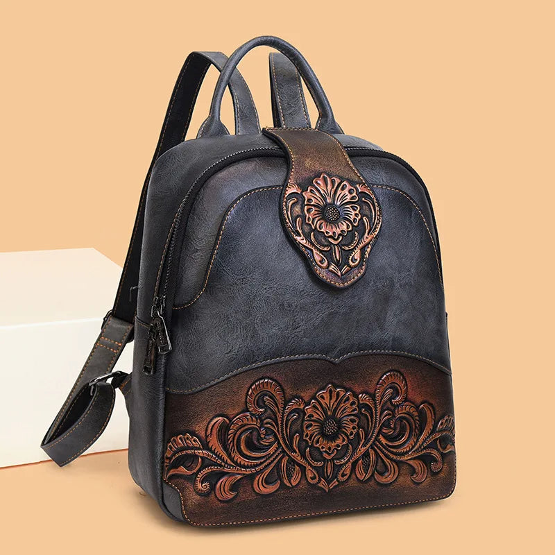 Vintage Embossing Women Backpacks Large Capacity Print Patchwork Travel Backpack
