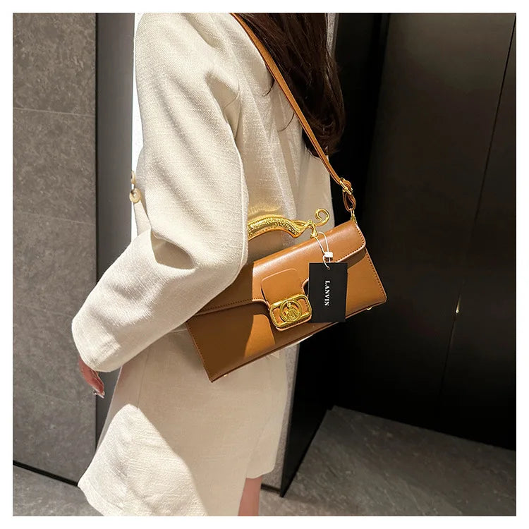 Women's Handbag Metal Handle Leather Trendy Design Crossbody Fashion Bag