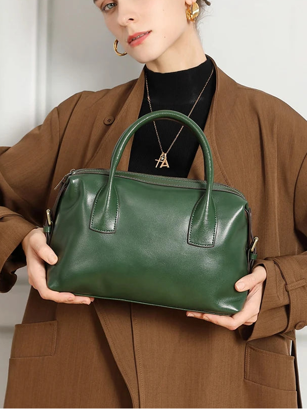 Vintage Green Genuine Leather Top-handle Bag For Women Boston Bag Shoulder Handbag