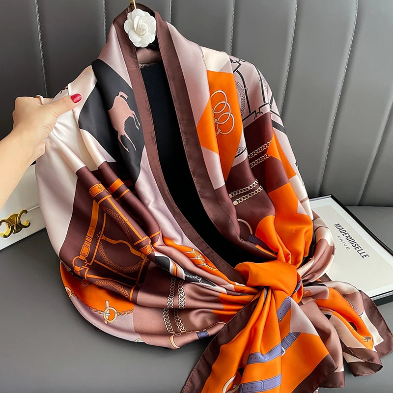 180*90cm Large Silk Satin Scarf Hijab Women Print Shawl
