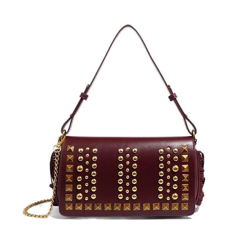 Fashion Women's Bag Studded Vintage with Tassel Shoulder Bag