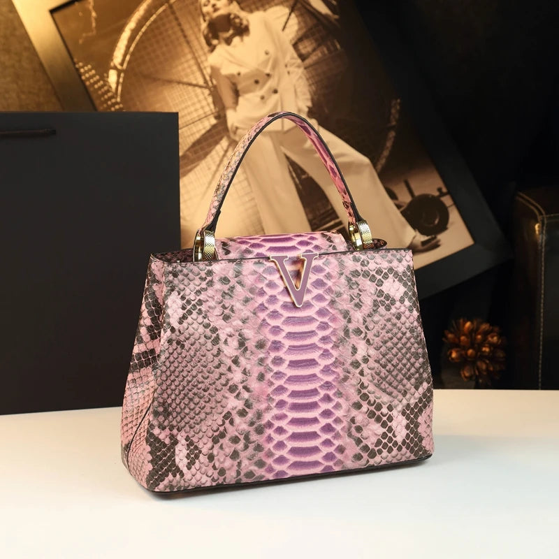 Fashionable Bucket Bag Leather Snake Pattern Shoulder Bag