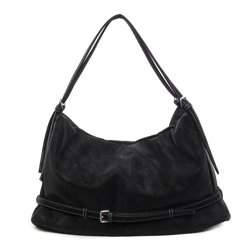 Retro Suede Tote Bag Large Capacity Shoulder Bag Trendy Metal Buckle Strap