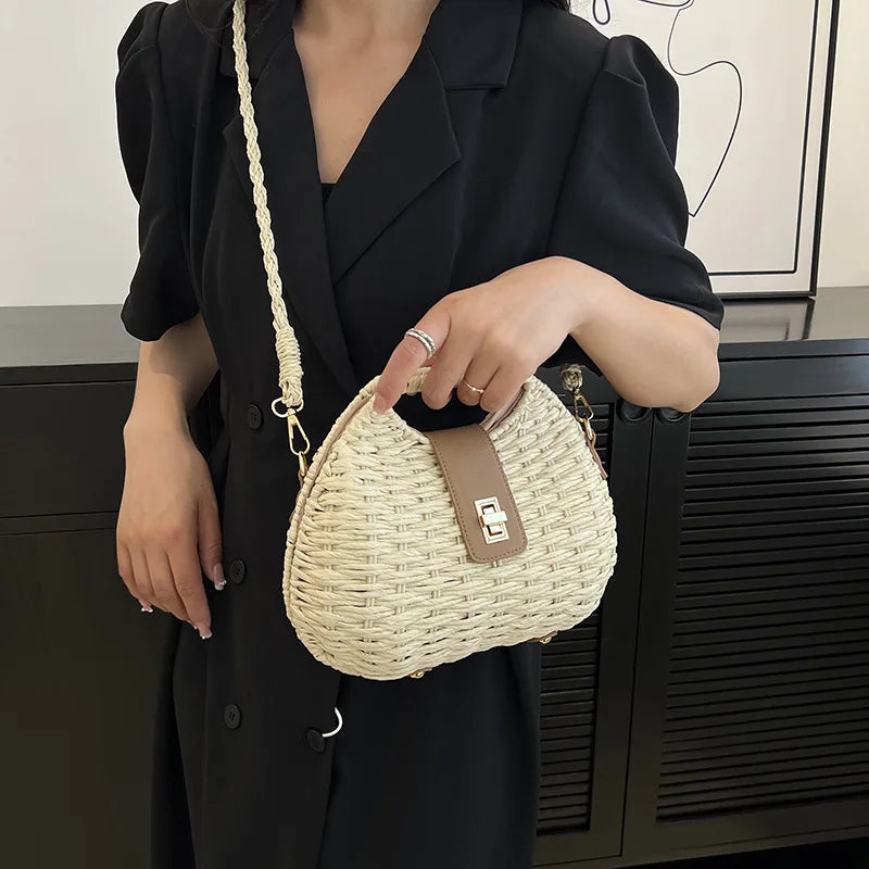 Fashion Wicker Rattan Bag Woven Women Handbags Summer Travel Crossbody Bag
