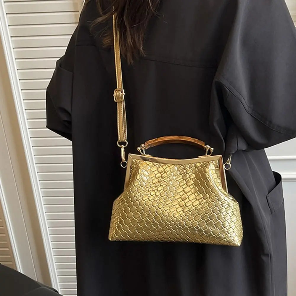 Large Capacity Woven Style PU Leather Retro Clip Lock Bag