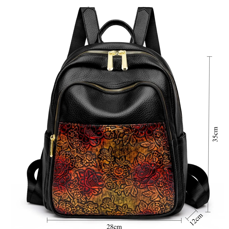 Vintage Floral Print High Quality Soft Leather Backpack Women Large Capacity Bag