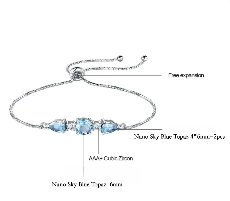 925 Sterling Silver Bracelets Adjustable Nano Blue Topaz Bracelet