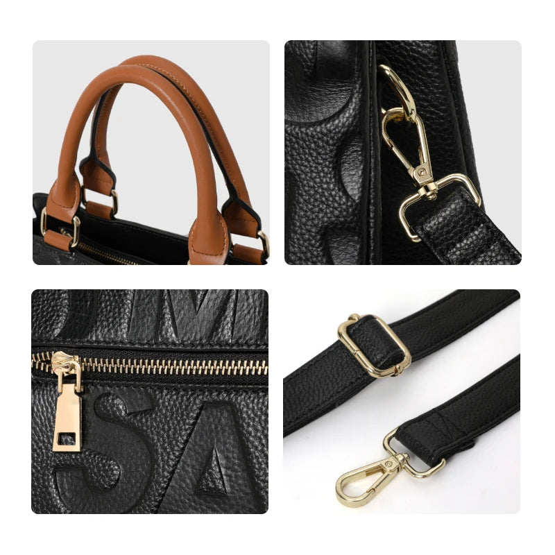 Ladies' Genuine Cowhide Leather Handbag with Letters Crossbody Large-Capacity Tote Bag