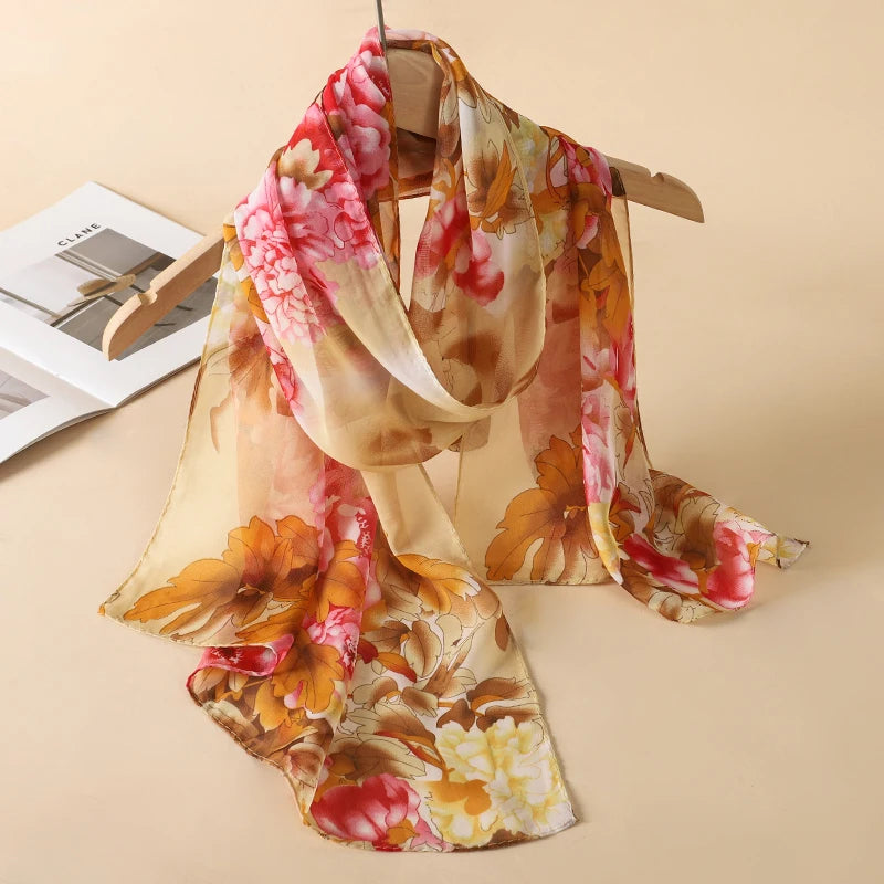 Thin Soft Chiffon Scarves Women Floral Print Silky Scarf