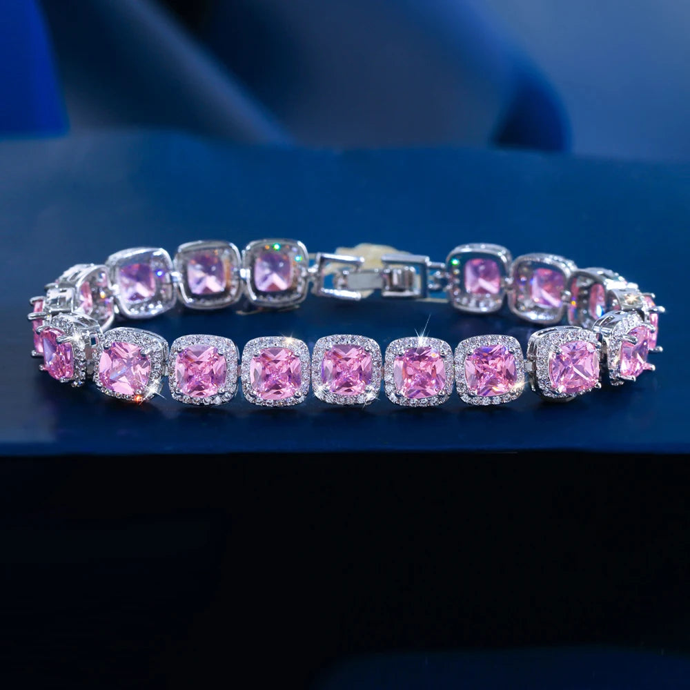 Luxury Brilliant Purple Pink Yellow Zirconia Square CZ Tennis Bracelet Jewelry for Women