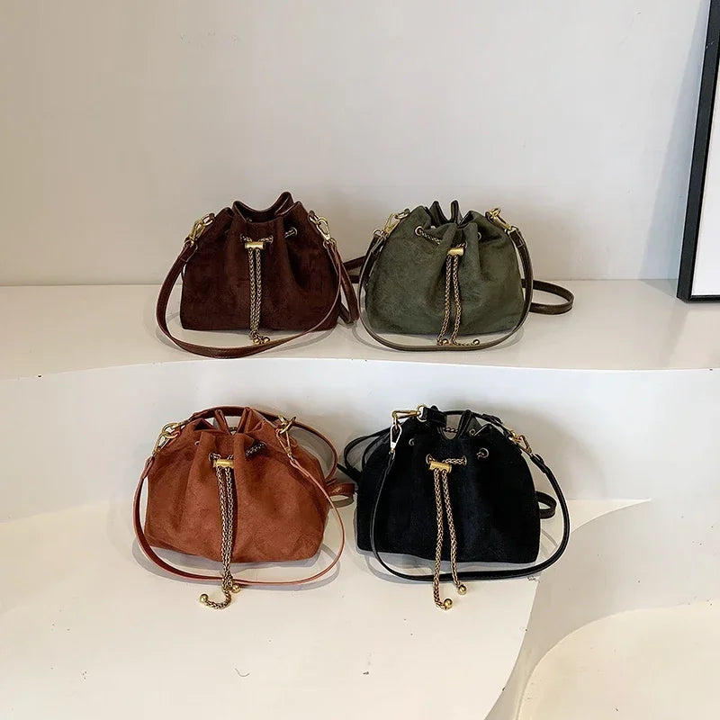 Soft Solid Faux Suede Simple Commuting Crossbody Bags String Closure Type Handbags