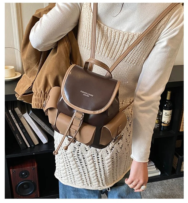 Vintage Black & Brown Leather Backpack Drawstring Flap Design with Side Pockets