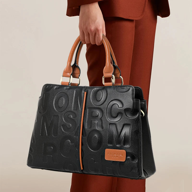 Ladies' Genuine Cowhide Leather Handbag with Letters Crossbody Large-Capacity Tote Bag