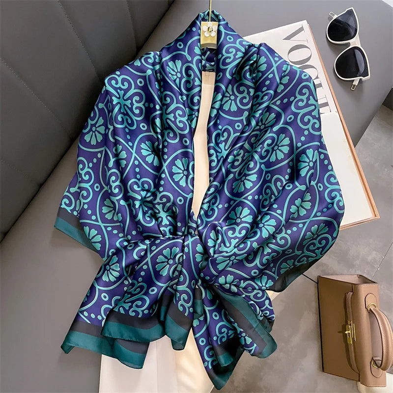 180*90cm Large Silk Satin Scarf Hijab Women Print Shawl