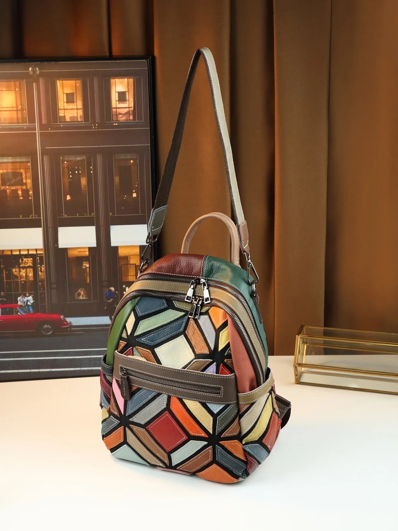 Patchwork Women Genuine Leather Backpack Vintage Fashion