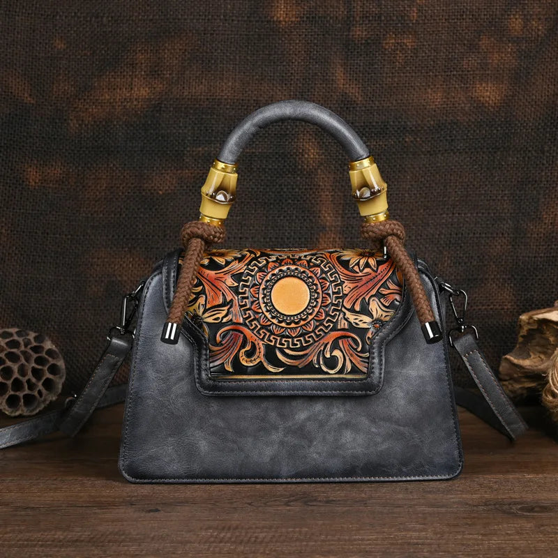 Vintage Handmade Embossed Women's Leather Luxury Handbag