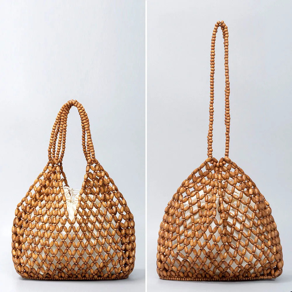 Exquisite Hollow-out Wooden Beaded Shoulder Handbag