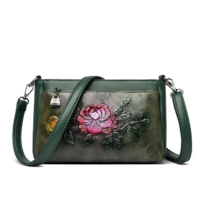 Genuine Brand Top Quality Pu Leather Vintage 3D Floral Embossed Elegant Handbag