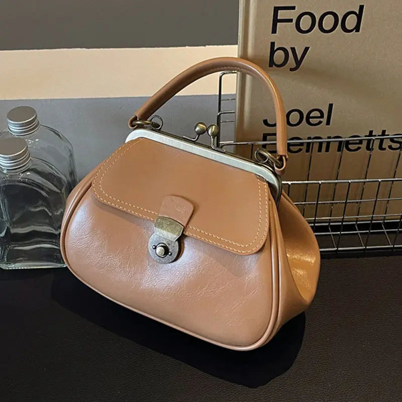 Metal Clip Handbag Leather Stitching Large Capacity Shoulder Bag