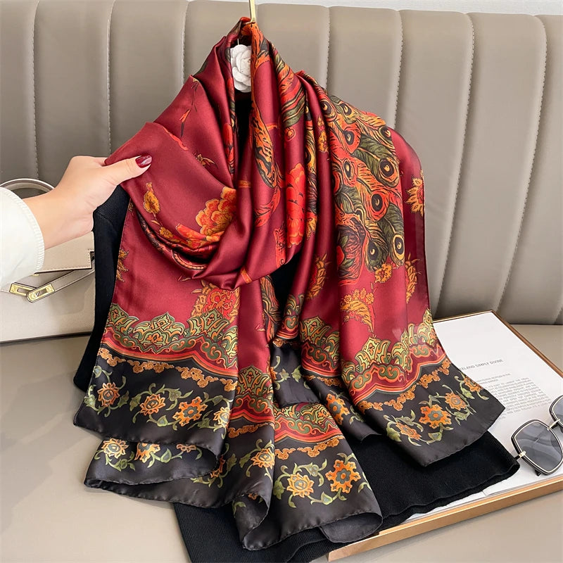 180*90cm Large Silk Satin Scarf Hijab Women Print Shawl