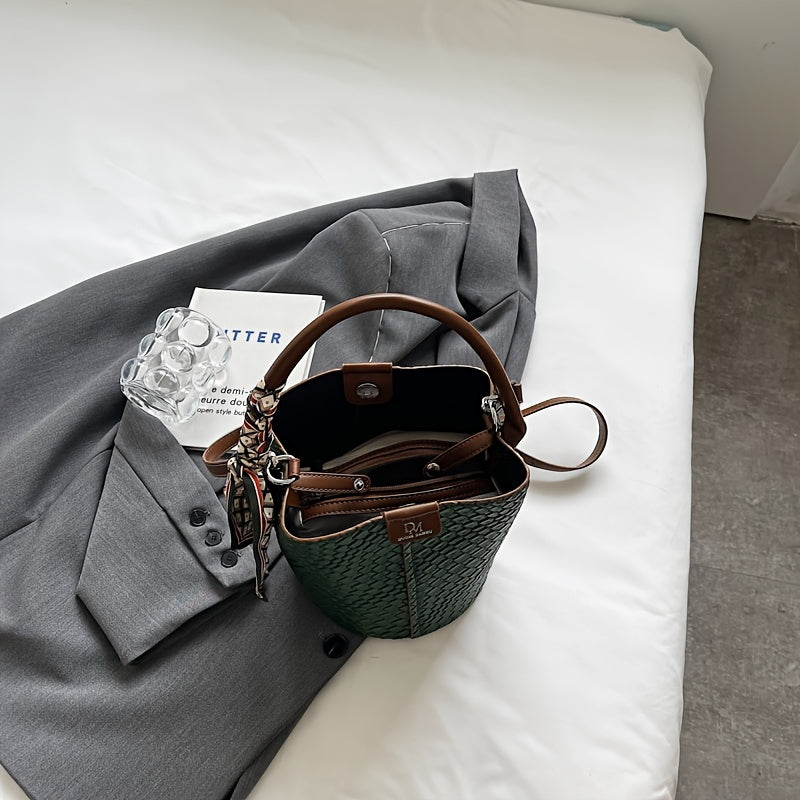 Fashionable Women's Bucket Bag Stylish Solid Color Woven Effect Handbag image 4